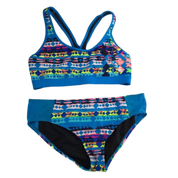 TYR Swimsuit Bikini Two Piece 2 Piece Blue Geometric Racerback Crop Top XL 14-16 - Picture 1 of 10